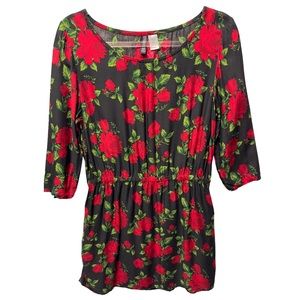 Pure Rayon Chambray Knit Roses Floral Mini Dress